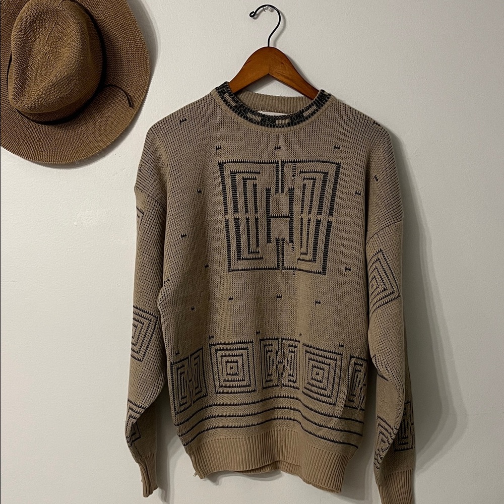 Men's Taupe Geometric Pattern Turtleneck Sweater